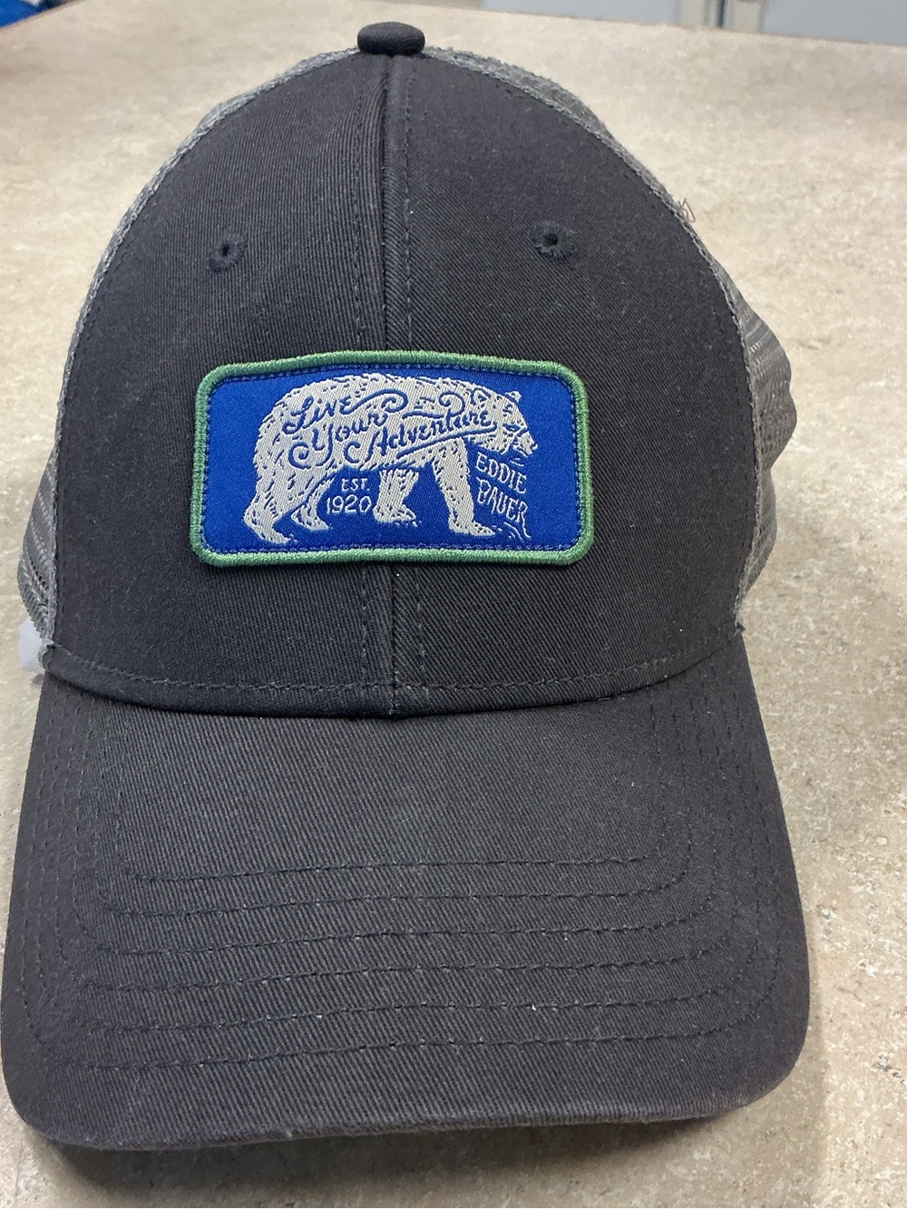 Eddie Bauer Black/Gray Mesh Back Trucker Hat Bear Patch One Size Outdoor